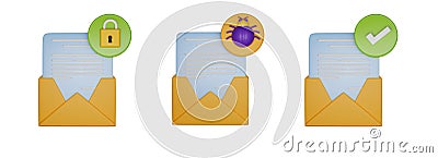 3D secure email icon set, render phishing detected concept, envelope online digital communication. Stock Photo