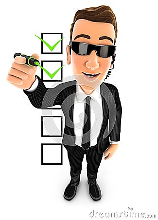 3d security agent checklist with marker Cartoon Illustration