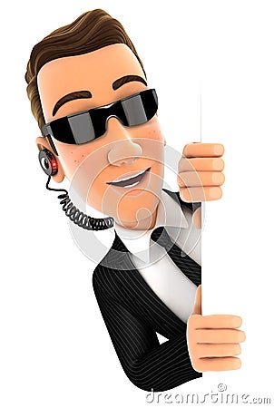 3d security agent peeping over blank wall Cartoon Illustration