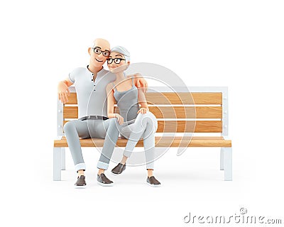 3d senior couple in love sitting on public bench Cartoon Illustration