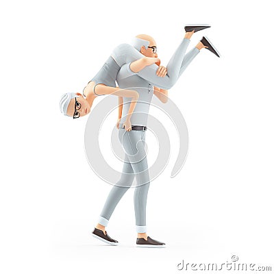 3d senior man carrying angry woman on his shoulder Cartoon Illustration