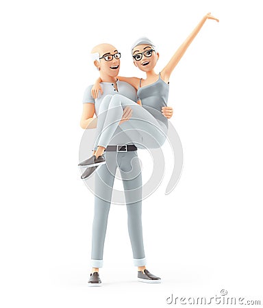 3d senior man carrying woman in his arms Cartoon Illustration