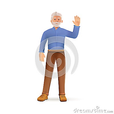 3D senior man. Elderly people character. Happy seniors, old man in full growth. Smiling elderly man, beard gray hair 3D Vector Illustration