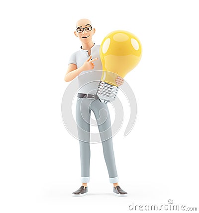 3d senior man pointing at big light bulb Cartoon Illustration