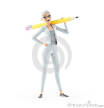 3d senior woman carrying pencil on her shoulders Cartoon Illustration