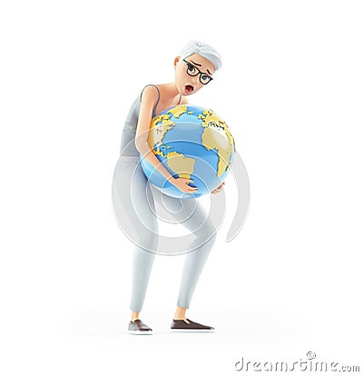 3d senior woman lifting heavy earth Cartoon Illustration