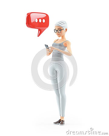 3d senior woman texting with smartphone Cartoon Illustration