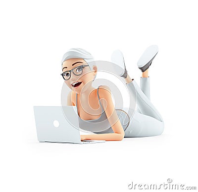 3d senior woman working on laptop and lying down on floor Cartoon Illustration
