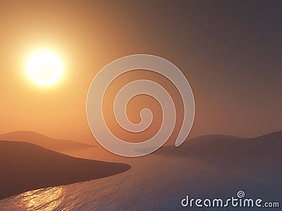 3D serene sunset landscape with mountains in lake Stock Photo