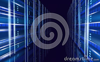 3D server room cloud computing business concept. AI data center firewall cyber security. Information safety system Vector Illustration