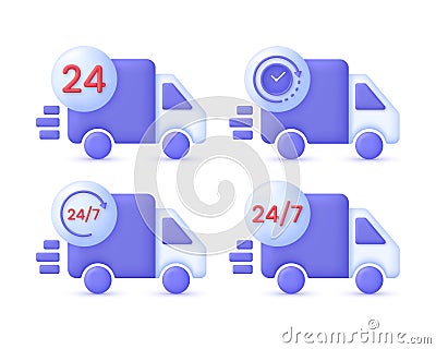 3D Set of Delivery truck and 24,7 icon. Express delivery, shipping, truck icon, quick move. Fast delivery concept Vector Illustration