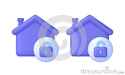 3D Set of house protection illustration. Open and closed padlock. Home protection concept. Apartment smart guard Vector Illustration