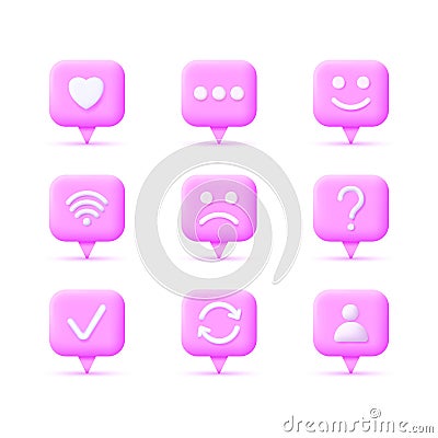 3d set icons isolated on white background. Check, question marks, people. wifi, chat bubble, happy, unhappy emoticon Vector Illustration