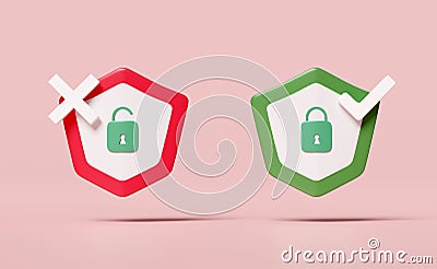 3d shield check and shield insecure with cross check mark, padlock, key isolated on pink background. Internet security or privacy Cartoon Illustration