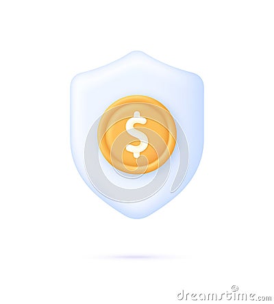 3D Shield with dollar icon. Safe payment of money, money guarantee, financial savings and money exchange Vector Illustration