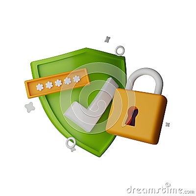 3D shield icon, lock password render secure concept, secret personal data authentication protection. Stock Photo