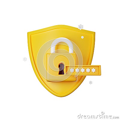 3D shield icon render, lock password secure concept, secret personal data authentication protection. Stock Photo