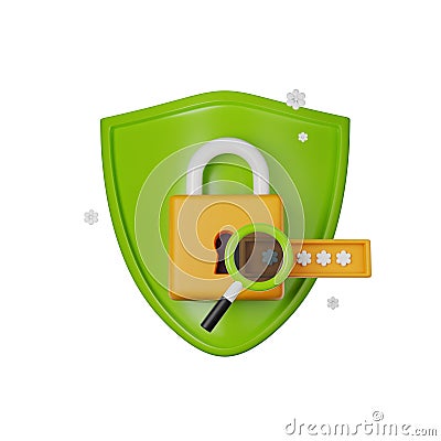 3D shield icon, secure lock password render concept, secret personal data authentication protection. Stock Photo