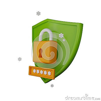 3D shield secure icon, authentication render lock password concept, secret personal data protection. Stock Photo