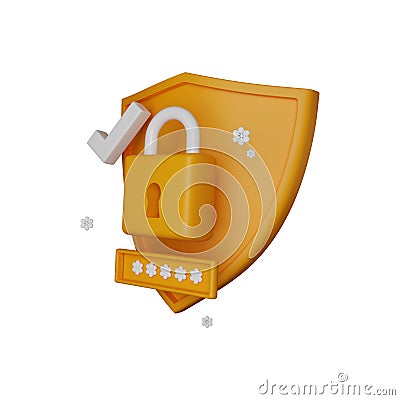 3D shield secure icon, lock password authentication render concept, secret personal data protection. Stock Photo