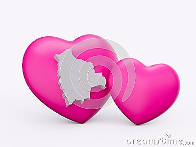 3d Shiny Pink Hearts With 3d White Map Of Bolivia Isolated On White Background, 3d illustration Stock Photo