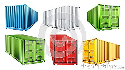 3D Shipping Cargo Container Set Vector. Blue, Red, Green, White, Yellow. Freight Shipping Container Concept. Logistics Vector Illustration