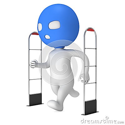 3D shoplifter scanner and running thief man in mask Stock Photo