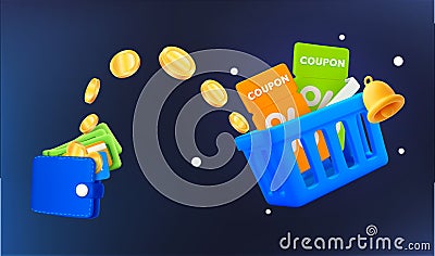 3d shopping bag with vouchers, coupons, notification bell, wallet, dollars, banking credit cards, flow of coins Vector Illustration