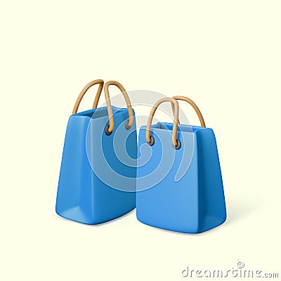 3D shopping bags. Blue paper gift packages with yellow handle Vector Illustration