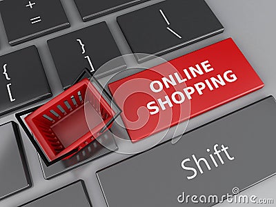 3d Shopping basket on computer keyboard. Online shopping concept Cartoon Illustration