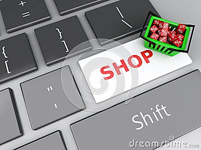 3d Shopping basket with red cubes on computer keyboard. Online Cartoon Illustration