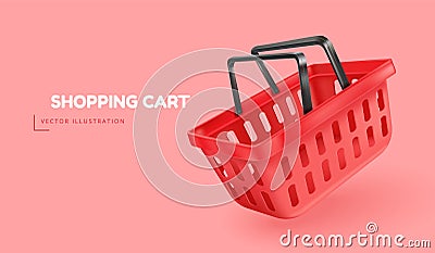 3d shopping basket. Render empty shop cart, realistic floating red market basketof for product trading supermarket Vector Illustration