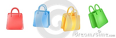 3d shopping handbag. Empty colorful shop bag, levitate packages fashion shopper mockup render supermarket bags handles Vector Illustration