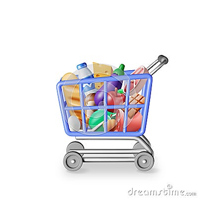 3D Shopping Plastic Basket with Fresh Products Vector Illustration