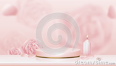 3D Showcase display English rose, candle with pink and yellow gold stand,Vector Realistic podium on blurry spring flower Vector Illustration