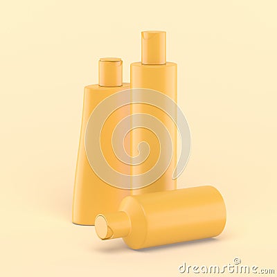 3d shower bottle icons. Simple group on pastel yellow background Stock Photo