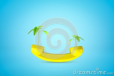 3d side close-up rendering of yellow phone receiver with small green sprouts growing from both its ends on blue Stock Photo