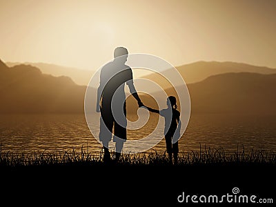 3D silhouette of father and daughter against a sunset ocean land Stock Photo