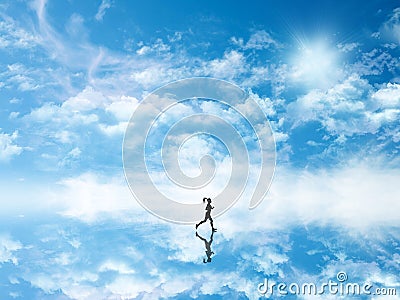 3D silhouette of a female jogging against a sky which is reflected in ground Stock Photo