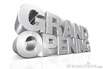 3D silver text grand opening. Stock Photo