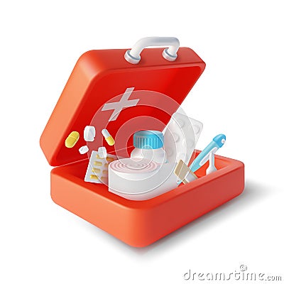 3d Simple Open Red First Aid Kit Plasticine Cartoon Style. Vector Vector Illustration