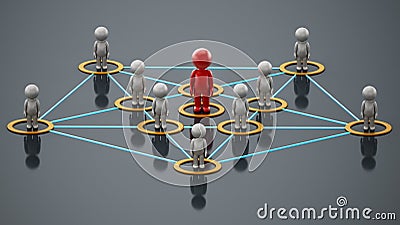 3D simplistic characters linked to each other with a red figure at the center. Business network concept. 3D illustration Cartoon Illustration