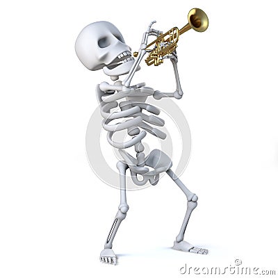 3d Skeleton blows his horn Stock Photo