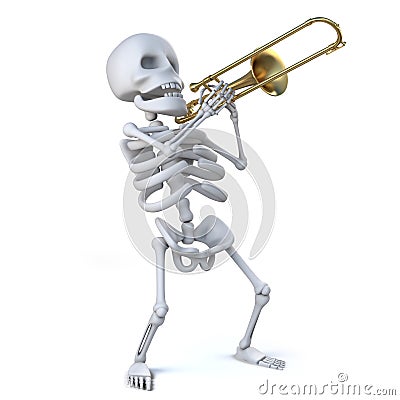 3d Skeleton playing his trombone with verve Stock Photo