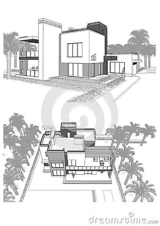 3d sketch of a modern private building with a terrace, surrounded by palm trees, different points of view. Stock Photo