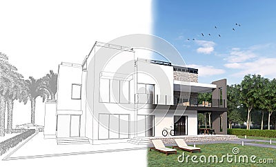 3d sketch of a modern private house back yard with a terrace, lawn, bicycle and sun loungers becoming real in 3d render Stock Photo