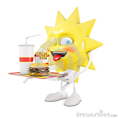3D skiing sun character eats an hamburger Stock Photo