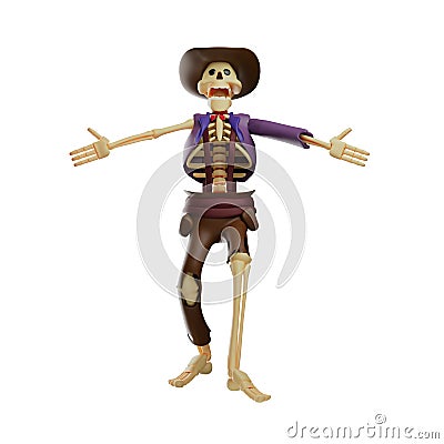 3D Skull Cowboy Cartoon Picture scream and open his arm widely Stock Photo