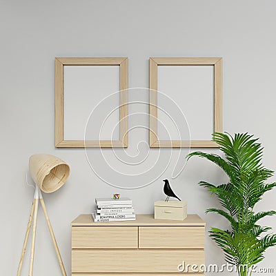 3d sleek rendering of contemporary apartment interior two a2 size empty poster mock up with light wood frame hanging vertically on Cartoon Illustration