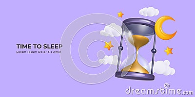 3d sleep concept. Hourglass, moon and cloud render isolated elements on purple background, miss opportunity time Vector Illustration